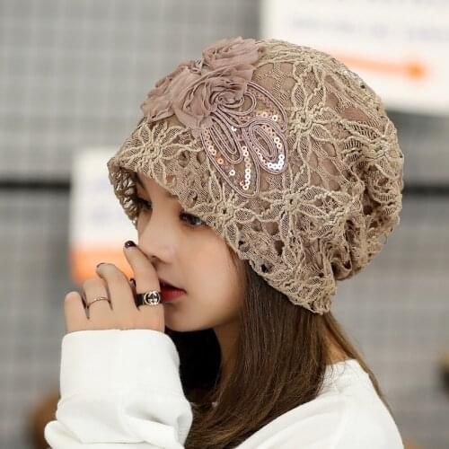 Gold Flower Lace Girl Knit Baggy Beanie Spring Autumn Casual Skullies Beanies For Women Female Elegant Bonnet Beanie Cap