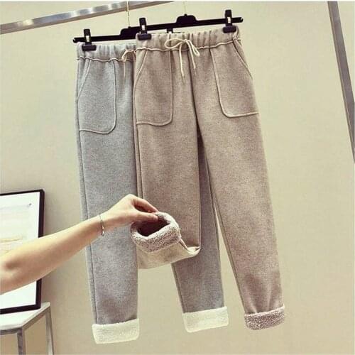 Women Trousers Autumn Winter Warm Thick Velvet Harem Pants Elastic Waist Sweatpants Female Casual Fleece Cotton Nine Pant SF1795
