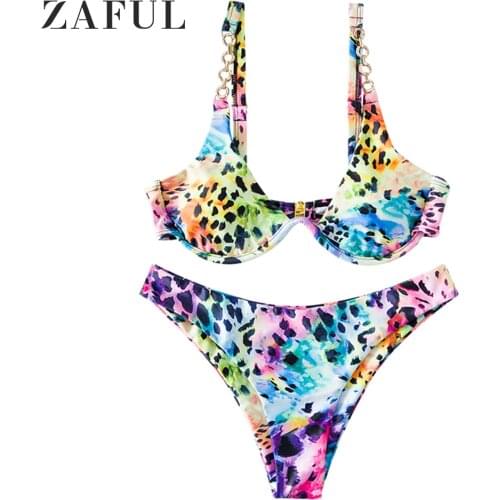 ZAFUL Leopard Tie Dye Chains High Cut Bikini Swimsuit Padded Underwire Swimwears Elastic Push Up V Wired Print Sexy Bikini Set
