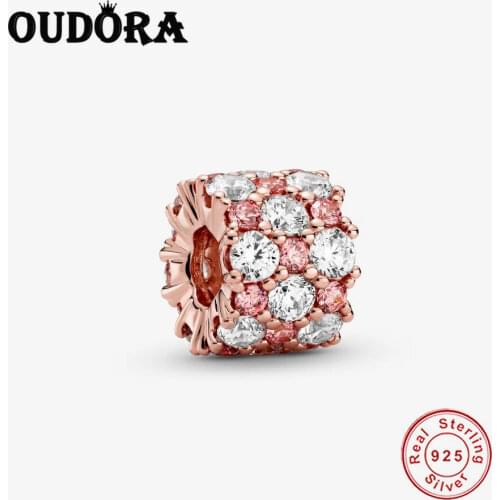 925 Sterling Silver Pink & Clear Sparkle Charm Fit Original Pandora Bracelet Charm Bead Silver 925 Jewelry DIY Berloque Making