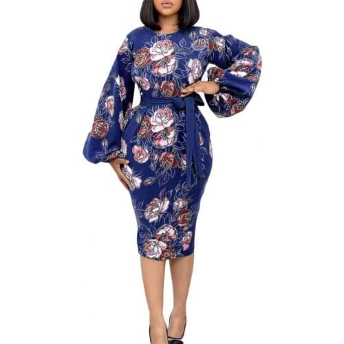 Women Midi Dress Vintage Floral Print Lantern Sleeve 2021 Autumn Evening Party Round Neck Waist Tied Bodycon Dress Wedding