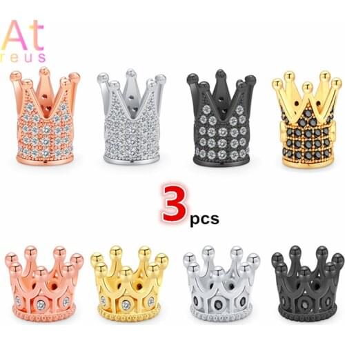 3PCS Fashion luxury DIY gift Queen King Crown Rosegold/Black Copper beads Cubic Zirconia Fit Charm Bracelet Jewelry makin