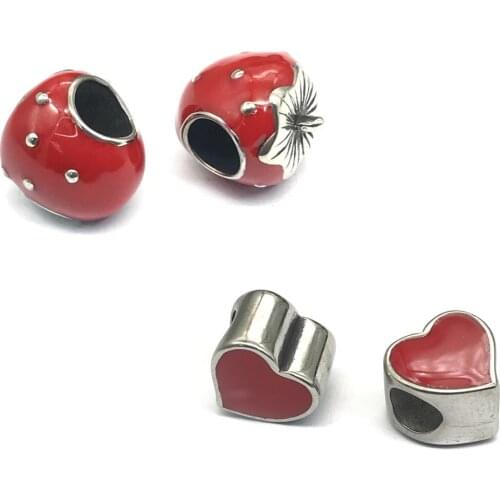 5mm Hole 316l Stainless steel Enamel Red Strawberry Hearts Beads Spacer Beads for Jewelry Making Wholesale Bracelet Beads