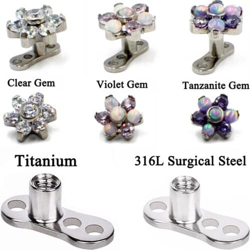 1PC G23 Grade Titanium Dermal Anchor Flower Top Microdermal Drivers Surface Dermal Kit Piercing Rings Opal Body Charming Jewelry