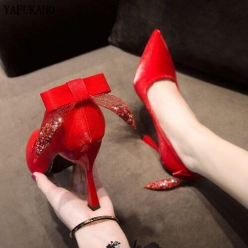 Red Bride Wedding Shoe Sexy Satin Silk Pointed Toe Women Single Shoe Sweet Lace Butterfly-Knot Lady Pumps Party Dress High Heels