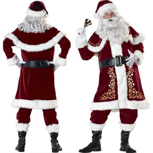 New Santa Claus Clothes Christmas Halloween Role Playing Set Adult Mens Costumehat cloak top pants belt shoe cover gloves