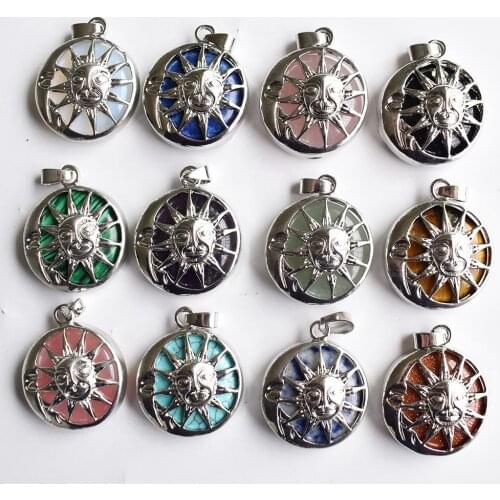 Wholesale 12pcs/lot fashion natural Amethysts lapis alloy Sun flower Pendants for jewelry accessories marking free shipping