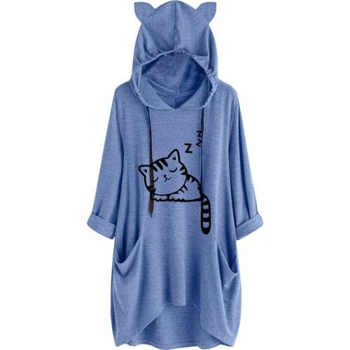 40@ Women Casual Sweatshirt Print Cat Ear Hooded Long Sleeve Irregular Fashion Loose Hoodies With Pockets Pullovers Толстовка