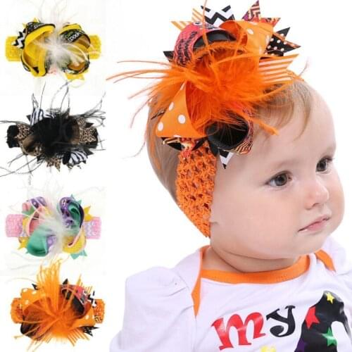 CN 4 Pcs/lots Baby Halloween Headband For Girls Handmade Feather Hair Bows Hair Bands Children Hair Accessories