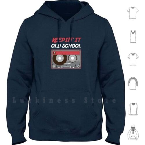Keepin′it Old School Retro Music Analog Gift Hoodie Long Sleeve Vinyl Mixtape Tape Hifi Cassette Player Music
