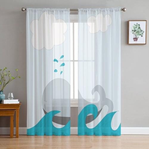 Luxury Tulle Curtains Whale Cartoon Sea Animal Living Room Kitchen Chiffon Curtain Youth Bedroom Sheer Floor Valance Curtain