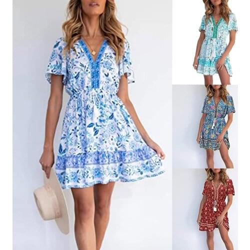 S-2XL Floral Print Shift Dress for Women Sexy V Neck Tassel Sash Waisted Dresses Fashion 4 Colors