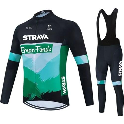 Strava Team Autumn Long Sleeve Cycling Jersey Set Bib Pants Ropa Ciclismo Bicycle Clothing MTB Bike Jersey Uniform Mens Clothes