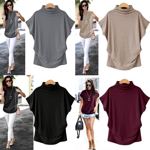 Туника Женская Turtleneck Short Sleeve Cotton Solid Casual Blouse Top T Shirt Plus Size Tunique Personality hem Harajuku Tshirt