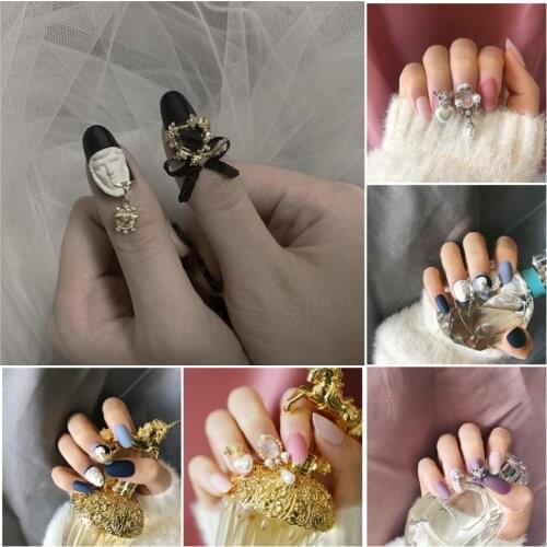 Vintage Baroque style lady false nails 24pcs Bride pure color with butterflybow 3d fake nails middle-long size full nail tips