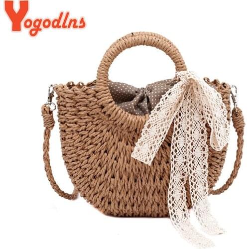 Yogodlns Summer Lace Straw Bag Women Moon Shape Rattan Handle Bag Large Capacity Moon Shape Beach Bag Travel Lady Handbag femme
