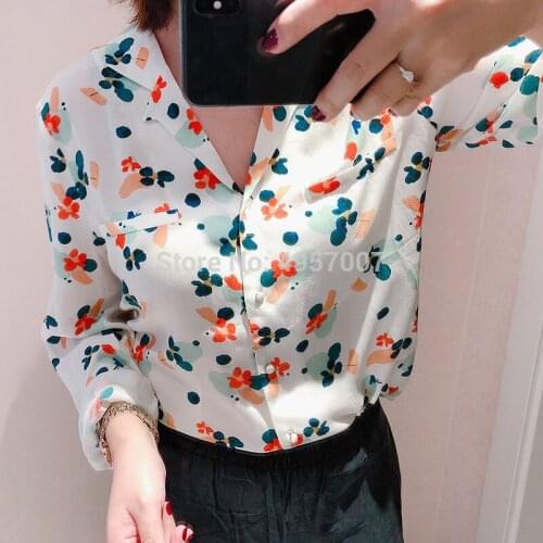 ElfStyle Viscose 100% Notched Neckline Long Sleeve Printed Shirt Top - 2020ss Spring Summer Ladies Printing Blouse Shirt