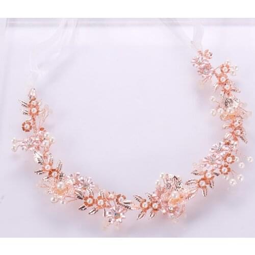 Women Hair Jewelry Rose Gold Flower Leaf Bridal Tiara Headband Pearls Wedding Hair Crown Accessories