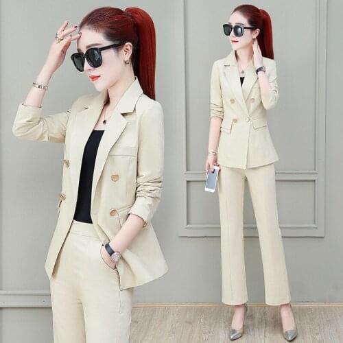 Womens suits 2019 new autumn lapel double-breasted slim suit professional wear casual trousers wild womens two-piece suit