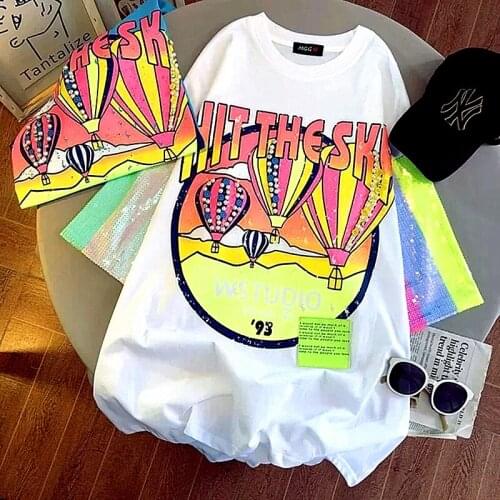 Womens beaded pearl top short rainbow glitter sleeve top sequin casual stitching top top female cute girl T-shirt NS757