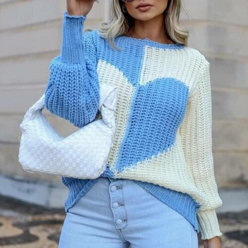 2021 Women Heart Print Sweaters Hollow Out Design See Through O-Neck Long Lantern Sleeve Spring Autumn Casual Loose Knitted Top