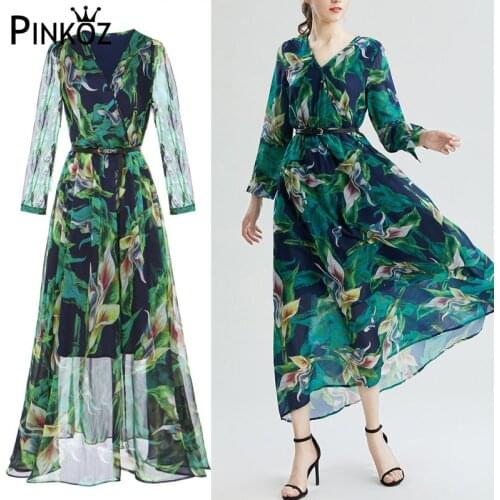 Pinkoz spring summer green flower leaf printed high waist chiffon v-neck maxi dress for women casual boho ropa femme robe hiver