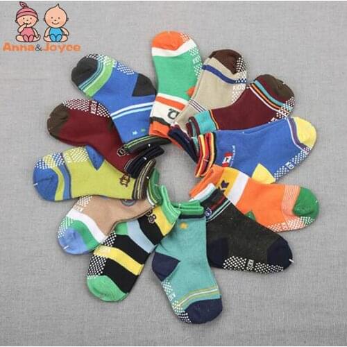 12Pairs/Lot Cotton Childrens Anti-slip Boat Socks Low Cut Floor Sock for Kid with Rubber Grips Four Season 1-3Y