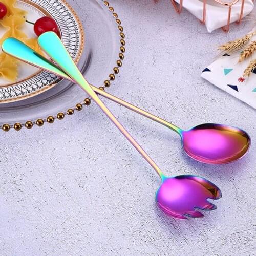 2Pcs/Set Dinner Serving Spoon Fork Set Stainless Steel Salad Servers Long Handle Serving Utensils Tableware