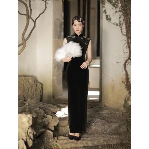 BALDAUREN Sexy Long Slim Vintage Qipao Summer New Lady Black Velvet Sleeveless Cheongsam Party Prom Dress Gown Large Size