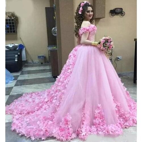 Elegant Ball Gown Quinceanera Dresses With Handmade Flowers Puffy Tulle Celebrity Prom Dress Long Sequins engagement Gowns