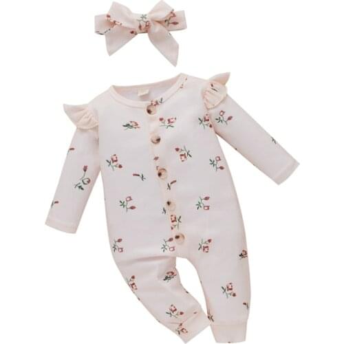 Baby Romper with Headband Kids Flower Print O-Neck Long Sleeve Jumpsuit+ Hairband for Spring Fall 3-18 Months