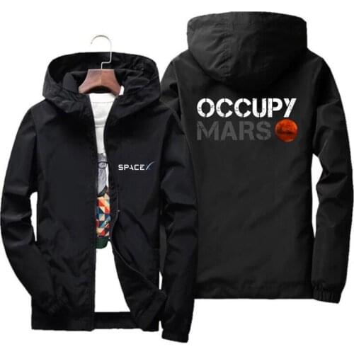 Mens Space X Tesla Occupy Mars Space Planet Windbreaker Parkas Hoodies Winter SpaceX Thin Zipper Hooded Jacket Sport Coats 5XL