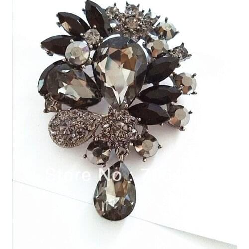 Gun Black Plated Large Grey Rhinstone Crystal Water Drop Vintage Style Pin Brooch