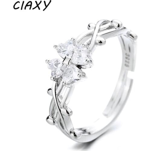 CIAXY 925 Sterling Silver Heart Shaped Adjustable Style Zircon Rings Lucky Flower Open Rings for Women Girl Friend Jewelry Gift