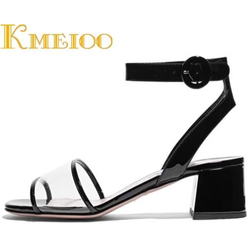 Kmeioo 2020 Hot Sale Fashion Women Shoes Transparent Sandals Clear Perspex Block Heels Peep Toe Ankle Strap For Casual Dress