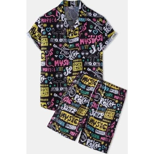 English Letter Print Hawaiian Shirt and Shorts Set Men Casual Short Sleeve Two Piece Suits Men Beachwear Holiday Clothes Camisas