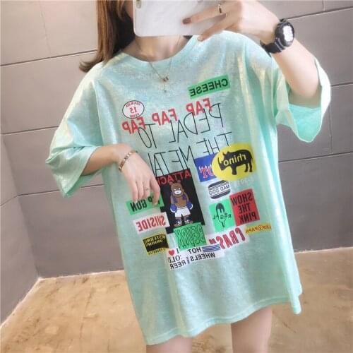 Summer new product loose mid-length round neck card letter cartoon printing college style short-sleeved T-shirt top women