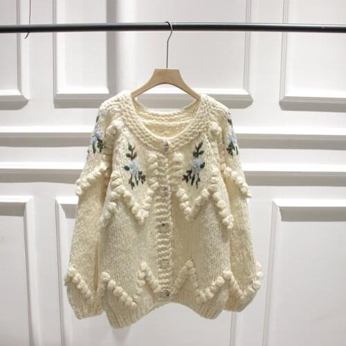2021 Spring New Hand-made Three-dimensional Embroidery Ball Thick Stick Needle Thickened Coat Womens Sweater Cardigan
