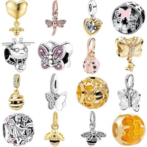 Bees Butterflies S925 Sterling Insects Silver Charms Beads Fit Original Charm Bracelet Chain Woman Necklace Girl Jewelry Gift