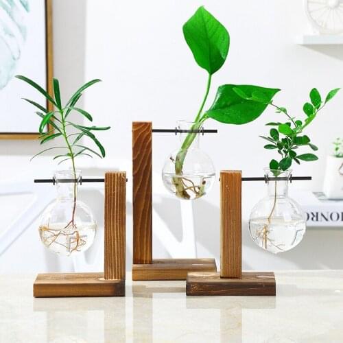 Glass Hydroponic Vase Terrarium Plant Vases Transparent Desktop Plant Pot Wooden Frame Glass Vintage Flower Pot Bonsai Decor