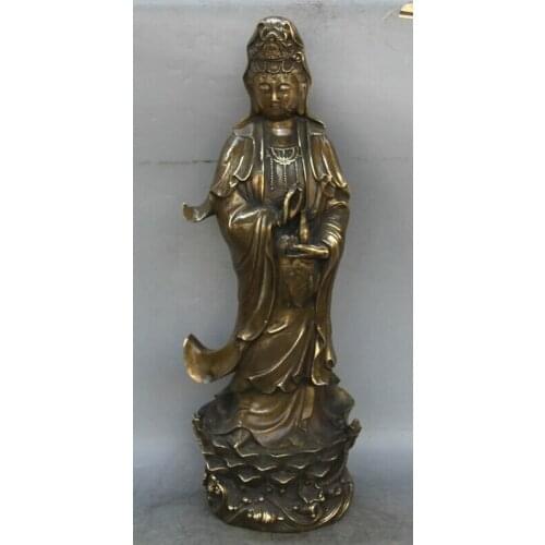 USPS to USA S2126 26" Old Chinese Budhism Copper Stand Lotus Kwan-yin Guan Yin Goddess Vase Statue