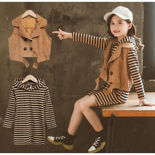 New Children Girl Clothes 3-12Years Long Sleeve Striped Hooded A-line Mini Dress Corduroy Vest Jacket 2PCS Spring Autumn Suit
