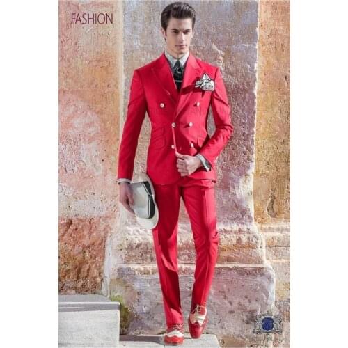 High Quality Double Breasted Red Groom Tuxedos Peak Lapel Groomsmen Mens Suits Blazers (Jacket+Pants+Tie) W:745