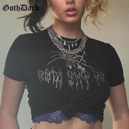 Goth Dark Rhinestone Gothic Grunge T-Shirts Mall Goth Punk Style Black Bodycon Women Crop Tops Short Sleeve Crewneck Streetwear