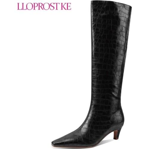 Lloprost ke Black Brown White Women Knee High Boots Faux Leather Women Thick Heel Boots Slip on Square Toe Womans Boots 2021