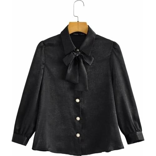 MESTTRAF Women 2021 Fashion Faux Pearl Buttons Cozy Blouses Vintage Bow Tied Collar Long Sleeve Female Shirts Streetwear