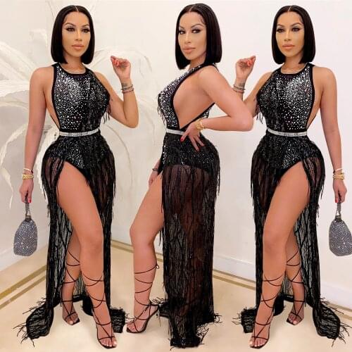 Nightclub hot drilling beaded mesh sexy tassel dress two-piece female birthday korean party dresses women rope evening 2020