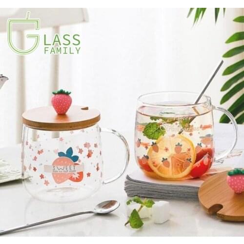450ML Glass Mug Strawberry Glass Cup with Wooden Lid Stainless Steel Spoon Coffee Mug Tea Milk Christmas Gift Drinking Glasses