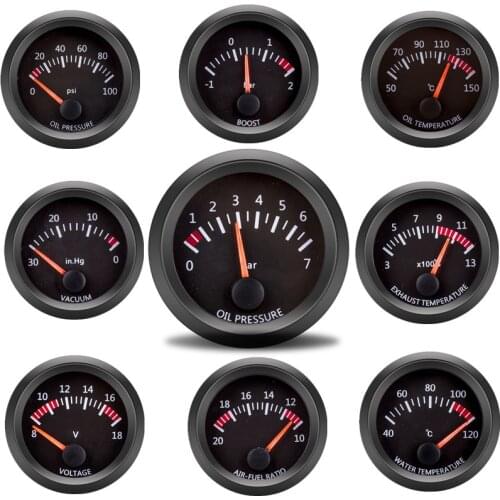 Car Gauge 2" 52mm Boost Gauge Water Oil Temperature Oil Pressure Fuel Volt Gauge Air Fuel Ratio Exhaust Temp Vehicle Meter 12V
