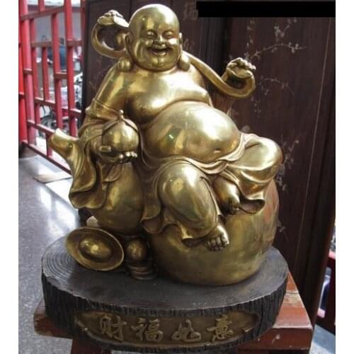 Bi002184 China Copper Bronze Feng shui Ru yi Yuan bao Peach Maitreya Buddha Rohan Statue